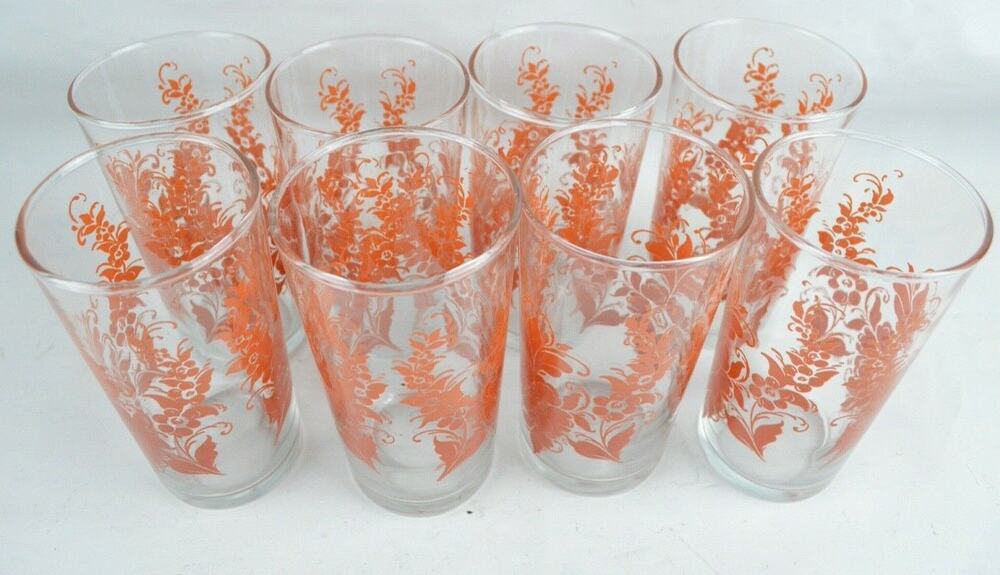 Vintage Anchor Hocking 12oz Orange Drinking Glasses Set of 8 1960s Retro